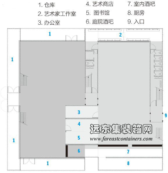 Gwanju 集裝箱藝術館一層平面圖